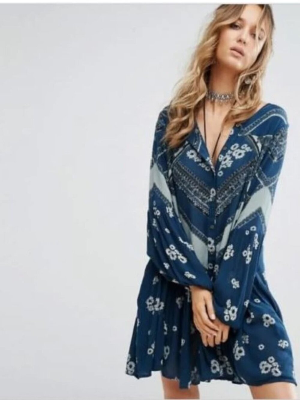 Free People From Your Heart Printed Mini Dress Size XS Blue/Gray Boho